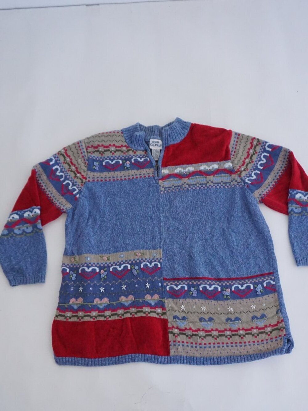 Vintage Koret City Blues Blue Red Patchwork Nordic Heart Zip Knit Sweater 2X